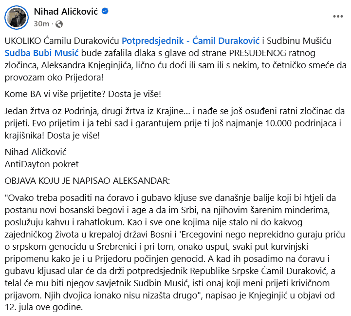 Aličković o prijetnjama ratnog zločinca: “Ako Durakoviću i Musiću fali dlaka s glave, lično dolazim u Prijedor”