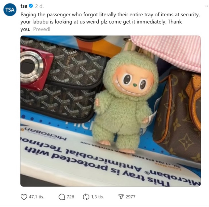 Zaboravio nešto neobično: Aerodromsko osiguranje pozvalo putnika nazad zbog "čudnog pogleda" Labubua